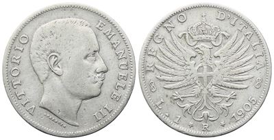 Vittorio Emanuele III, 1 Lira “Aquila Sabauda” 1905 (Regno d’Italia), argento