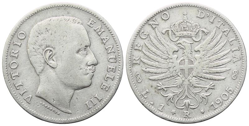Vittorio Emanuele III, 1 Lira “Aquila Sabauda” 1905 (Regno d’Italia), argento