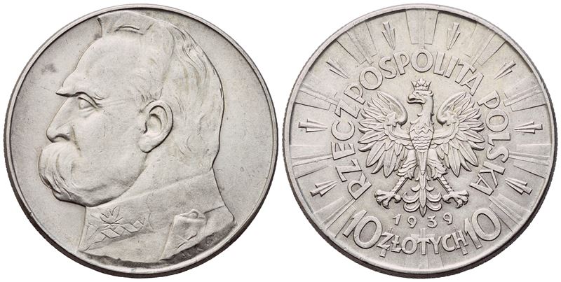 Józef Piłsudski, 10 Złotych 1939 (Repubblica di Polonia), argento