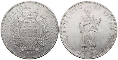San Marino, 5 Lire 1898, Vecchia monetazione (argento, 25,41 g)