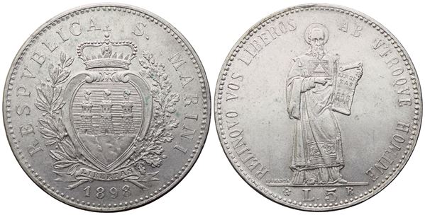 SAN MARINO. Vecchia monetazione (1864-1938). 5 Lire 1898; Ag (25,41 g; 37 mm; 6 h)