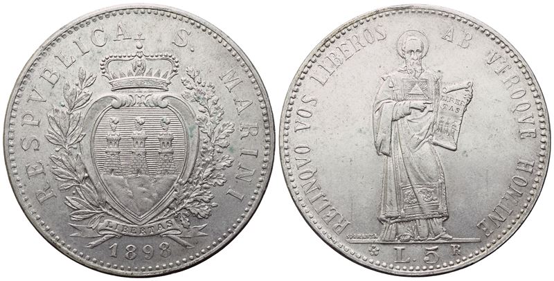 San Marino, 5 Lire 1898, Vecchia monetazione (argento, 25,41 g)