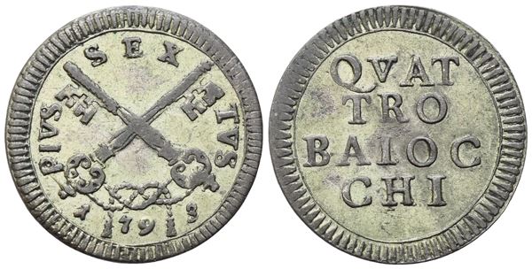 STATO PONTIFICIO. Roma. Pio VI (1775-1799). 4 Baiocchi 1793; Mi (2,52 g; 23 mm)