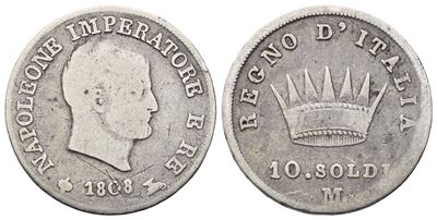Milano. Regno D'italia. Napoleone i (1805-1814). 10 Soldi 1808; Ag (2,32 G; 17,4 MM; 6 H). Mb/bb