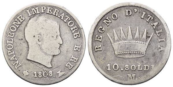 MILANO. REGNO D'ITALIA. Napoleone I (1805-1814). 10 Soldi 1808; Ag (2,32 g; 17,4 mm; 6 h). MB/BB