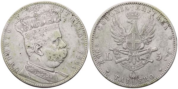 COLONIA ERITREA. Umberto I (1890-1896). 5 Lire – Tallero 1891; Ag (27,83 g; 40 mm).qBB
