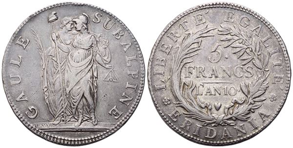 TORINO. Repubblica Subalpina (1800-1802). 5 Franchi Anno X (1802); Ag (24,90 g; 37,2 mm)