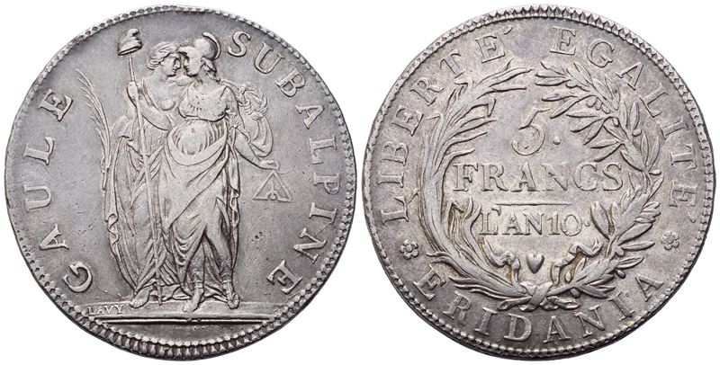 Italia napoleonica, 5 Franchi Repubblica Subalpina (Gaule Subalpine) — Anno X (1802), argento