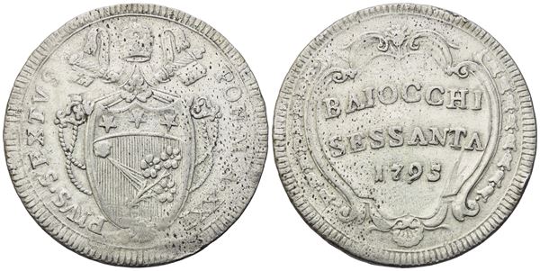 STATO PONTIFICIO. Roma. Pio VI (1775-1799). 60 Baiocchi 1795 – Anno XXI; Mi (22,70 g; 37,5 mm)