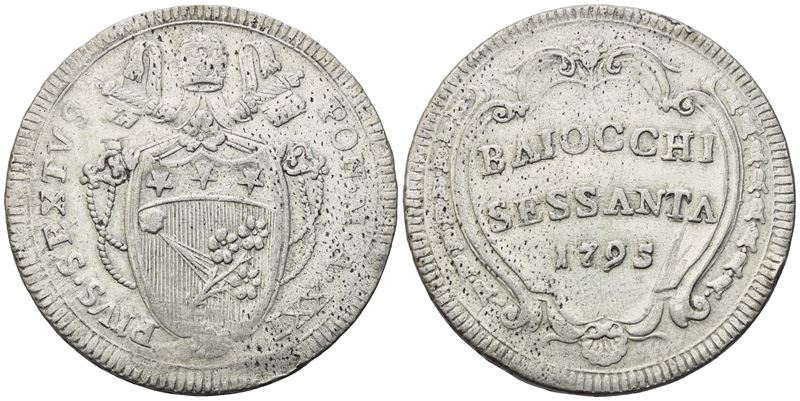 Pio VI, Stato Pontificio. Roma, 60 Baiocchi 1795 (Anno XXI) con stemma pontificio
