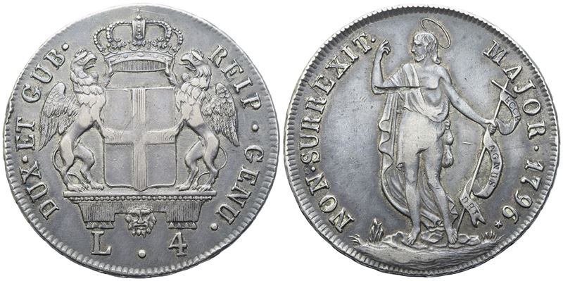 GENOVA. Repubblica. Dogi Biennali (1528-1797). 4 Lire 1796; Ag (16,68 g; 33,5 mm)