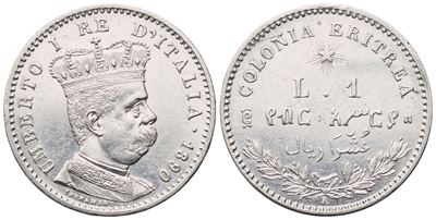 Umberto I (Colonia Eritrea), 1 Lira 1890, argento (Ag 5 g), Zecca di Roma