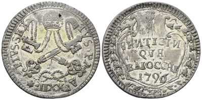 Pio VI, Stato Pontificio. Roma, 25 Baiocchi 1796 (Anno XXII) — con triregno e chiavi decussate