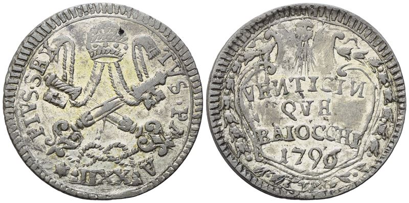 Pio VI, Stato Pontificio. Roma, 25 Baiocchi 1796 (Anno XXII) — con triregno e chiavi decussate