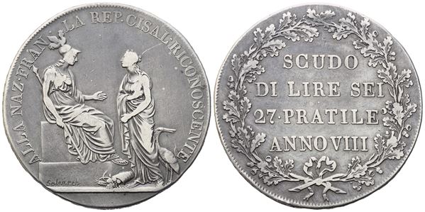 MILANO. Repubblica Cisalpina (1800-1802). Scudo da 6 Lire 1799-1800 – Anno VIII; Ag (22,82 g; 38,2 mm). BB