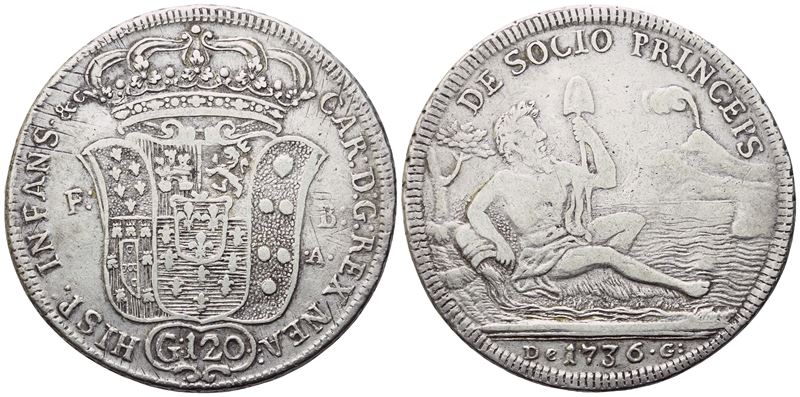 NAPOLI. Regno di Napoli. Carlo di Borbone (1734-1759). Piastra 1736; Ag (25,16 g; 39,5 mm)