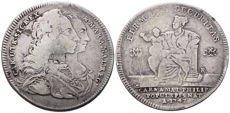 NAPOLI. Regno di Napoli. Carlo di Borbone (1734-1759). Piastra 1747; Ag (23,93 g; 40,5 mm)