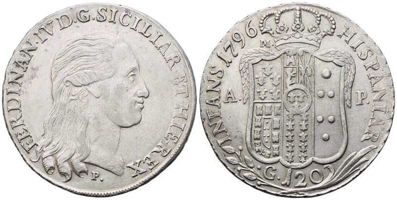NAPOLI. Regno di Napoli. Ferdinando IV di Borbone (1759-1816). Piastra 1796; Ag (27,60 g; 39,6 mm...