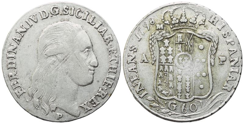 Napoli. Regno di Napoli. Ferdinando IV di Borbone (1759-1799). 60 Grana 1798. Ag. Bb