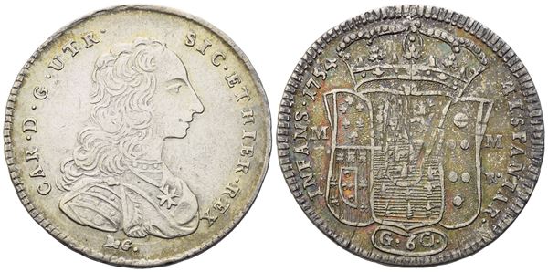 NAPOLI. Regno di Napoli. Carlo di Borbone (1734-1759), Mezza piastra 1754; Ag (12,62 g; 34,2 mm)