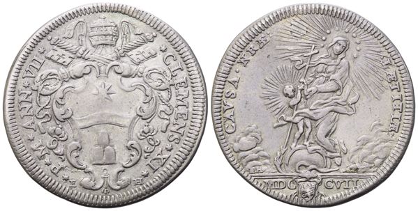 STATO PONTIFICIO. Roma. Clemente XI (1700-1721). Testone 1707 – Anno VII; Ag (8,96 g; 31,8 mm)