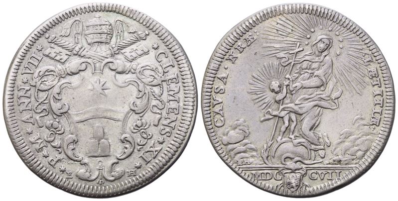 Clemente XI, Testone 1707 – Anno VII (Stato Pontificio), argento