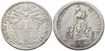 Clemente XI, Testone pontificio Roma 1707/1708 (Anno VIII) – Ag 9,10 g, 32 mm