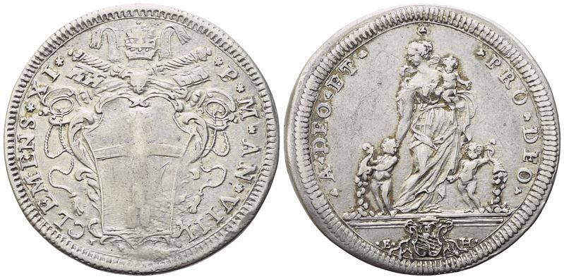 Clemente XI, Testone pontificio Roma 1707/1708 (Anno VIII) – Ag 9,10 g, 32 mm