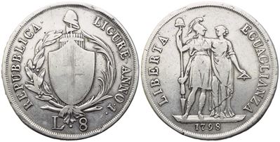 Genova. Repubblica Ligure (1798-1805). 8 Lire 1798 – Anno 1; Ag (33 G; 41,5 MM). Mb/bb