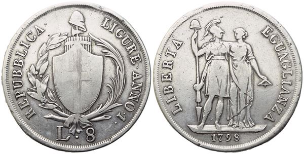 GENOVA. Repubblica Ligure (1798-1805). 8 Lire 1798 – Anno 1; Ag (33 g; 41,5 mm). MB/BB