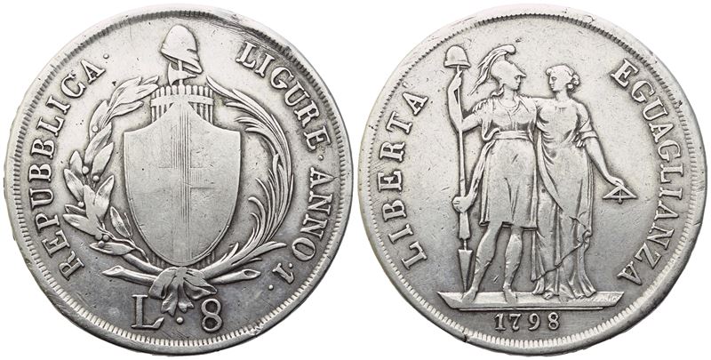 Genova. Repubblica Ligure (1798-1805). 8 Lire 1798 – Anno 1; Ag (33 G; 41,5 MM). Mb/bb