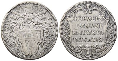 Clemente XII, Testone 1734 (Anno IV) — Stemma pontificio con triregno e chiavi decussate