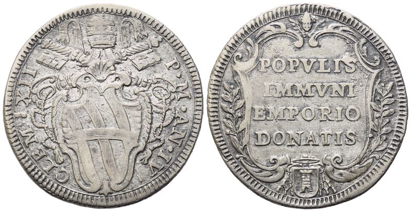 Clemente XII, Testone 1734 (Anno IV) — Stemma pontificio con triregno e chiavi decussate