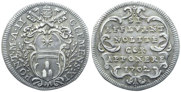 STATO PONTIFICIO. Roma. Clemente XI (1700-1721). Giulio 1702 – Anno II; Ag (3,03 g; 25,3 mm)