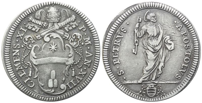 STATO PONTIFICIO, Giulio – Anno XVII (Clemente XI, 1700–1721), Giulio con stemma e San Pietro