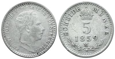 Milano. Regno Lombardo Veneto. Francesco Giuseppe. 5 Kreuzer 1859. Mi. 1,33gr. Gig.114. Raro. Bb
