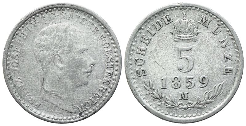 Milano. Regno Lombardo Veneto. Francesco Giuseppe. 5 Kreuzer 1859. Mi. 1,33gr. Gig.114. Raro. Bb
