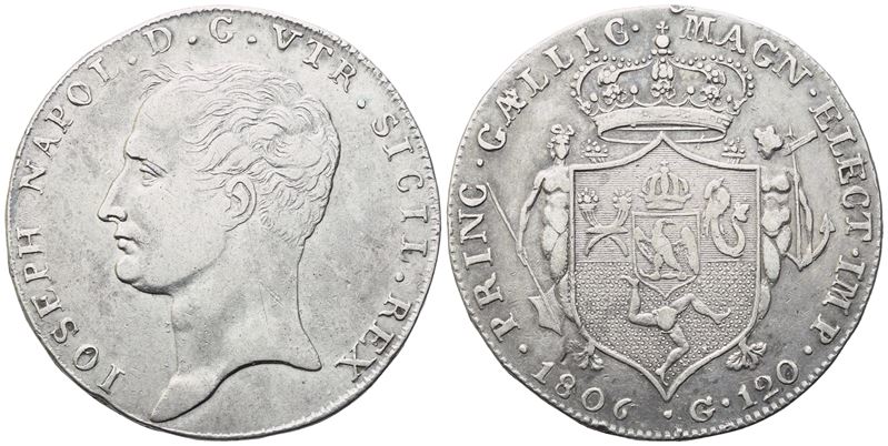 NAPOLI. Regno di Napoli. Giuseppe Napoleone (1806-1808). Piastra 1806; Ag (27,58 g; 37,4 mm)