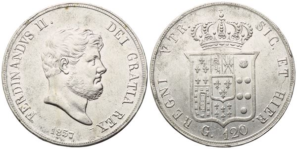 NAPOLI. Regno delle Due Sicilie. Ferdinando II di Borbone (1830-1859). Piastra 1857; Ag (27,44 g; 36,5 mm)