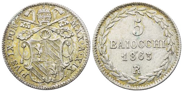 STATO PONTIFICIO. Roma. Pio IX (1846-1870). 5 Baiocchi 1865 – Anno XIX; Ag (1,33 g; 16,5 mm)