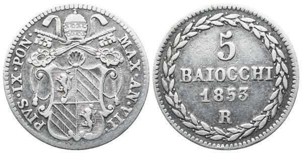 STATO PONTIFICIO. Roma. Pio IX (1846-1870). 5 Baiocchi, 1853 – Anno VII; Ag (1,32 g; 16,2 mm)
