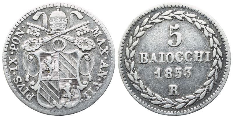 Pio IX, 5 Baiocchi, 1853 (Anno VII) – Stato Pontificio, argento