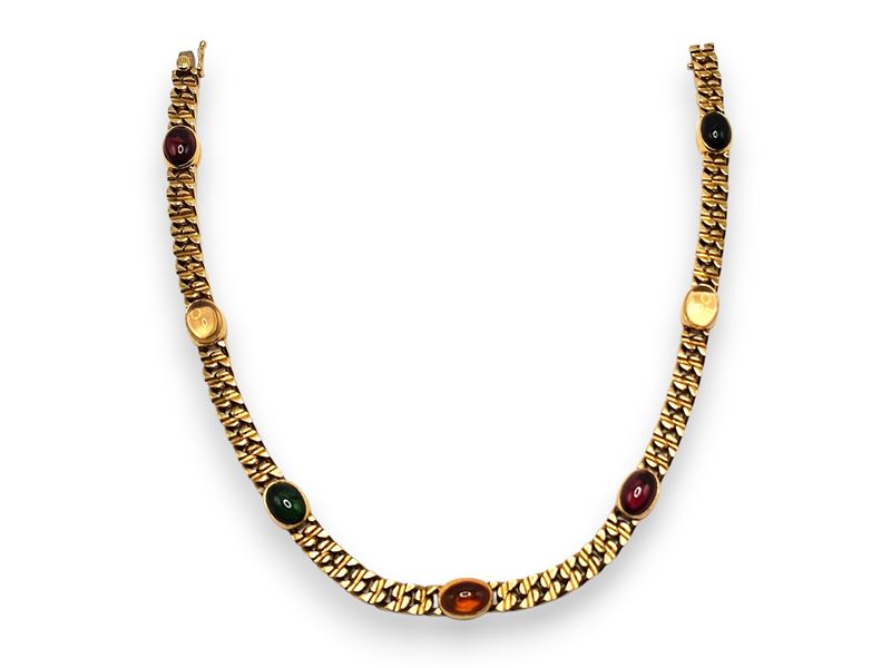 Bulgari - Collana in oro giallo 18k a maglia groumette con granato, tormaline e quarzi citrini