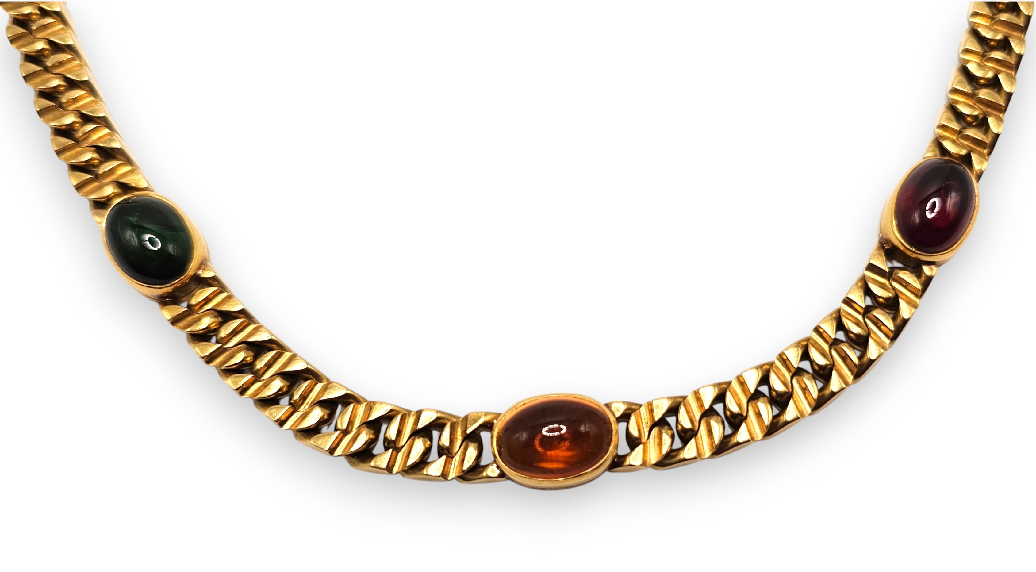 Bulgari - Collana in oro giallo 18k a maglia groumette con granato, tormaline e quarzi citrini