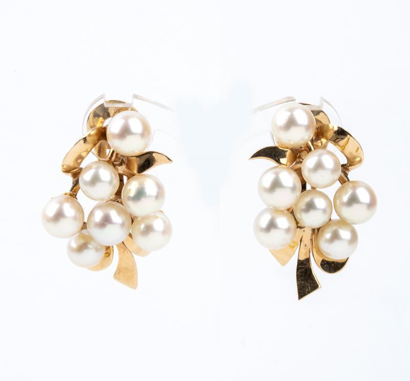 Orecchini a clip, Paio di orecchini con perle coltivate d'acqua salata in oro giallo 14k (anni '5...