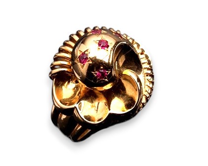 Anello in oro giallo 18k con rubini sintetici, anni '50