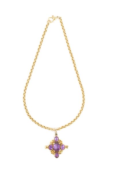 Girocollo in oro 18k con catena a maglia rolò e pendente a croce con ametiste, anni '60 del XX se...