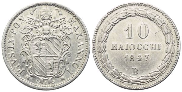 STATO PONTIFICIO. Bologna. Pio IX (1846-1870). 10 Baiocchi 1847 – Anno I; Ag (2,62 g; 19,8 mm)