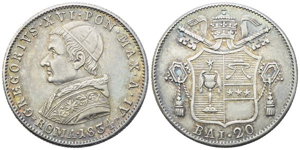 STATO PONTIFICIO. Roma. Gregorio XVI (1831-1846). 20 Baiocchi 1834 – Anno IV; Ag (5,27 g; 22,5 mm)