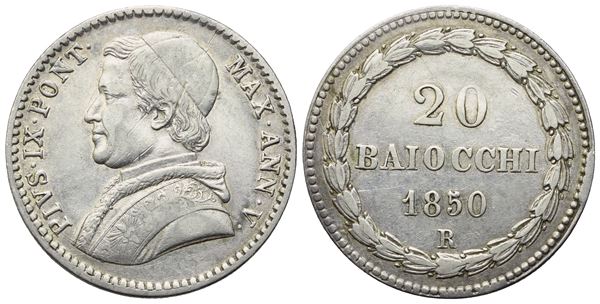 STATO PONTIFICIO. Roma. Pio IX (1846-1870). 20 Baiocchi 1850 – Anno V; Ag (5,35 g; 22,5 mm)